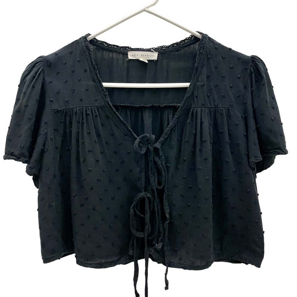 LA Hearts Black Butterfly Sleeve Tie Front Crop Top